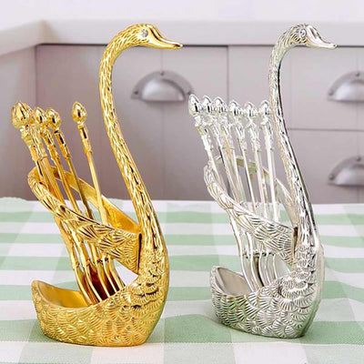 Pack of 6 Stainless Steel Spoon Set with Swan Holder